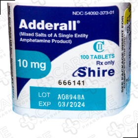 Buy Adderall 10mg Online - A bottle of Adderall pills on white background.