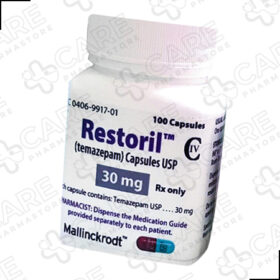 A bottle of restoril with a white background. You can easily buy Restoril online