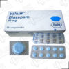 A pack of Valium 10mg pills with a white background. You can buy valium online