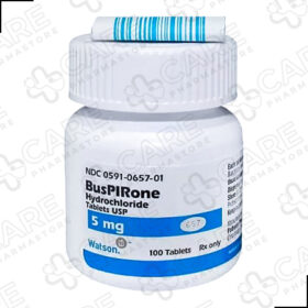 Buy Buspirone Online - Bottle of medication pills on a white background.