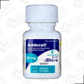 Buy Adderall Online - A bottle of Adderall pills on white background.
