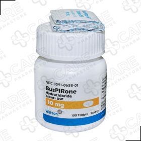Buy Buspirone 10mg Online - Bottle of medication pills on a white background.